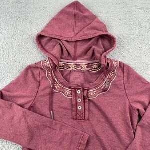 Prana Hoodie Womens Medium Red Embroidered Henley Button Pullover Sweatshirt